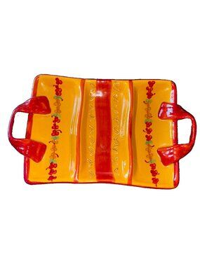 AMBIANCE Italian Hand Painted Serving Platter w/3 Dividers & Ribbon Handles 16”